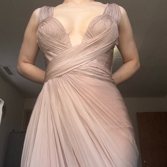 Adelie Plunging Draped Plisse Slit Gown In Desert Rose - Picture 7 of 16